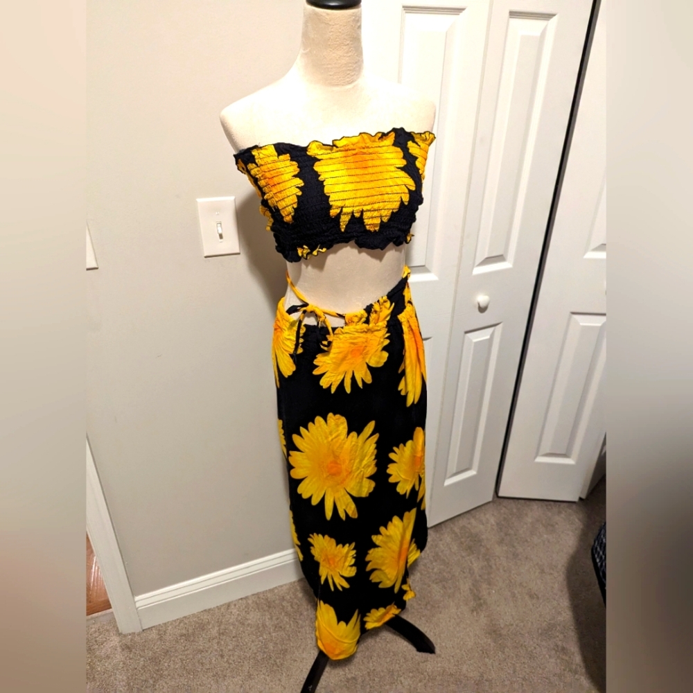 Floral Black & Yellow 2pc Wrap Skirt Set